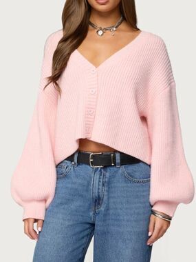 EDIKTED SABRINA CHUNKY KNIT CARDIGAN SWEATER PINK SMALL